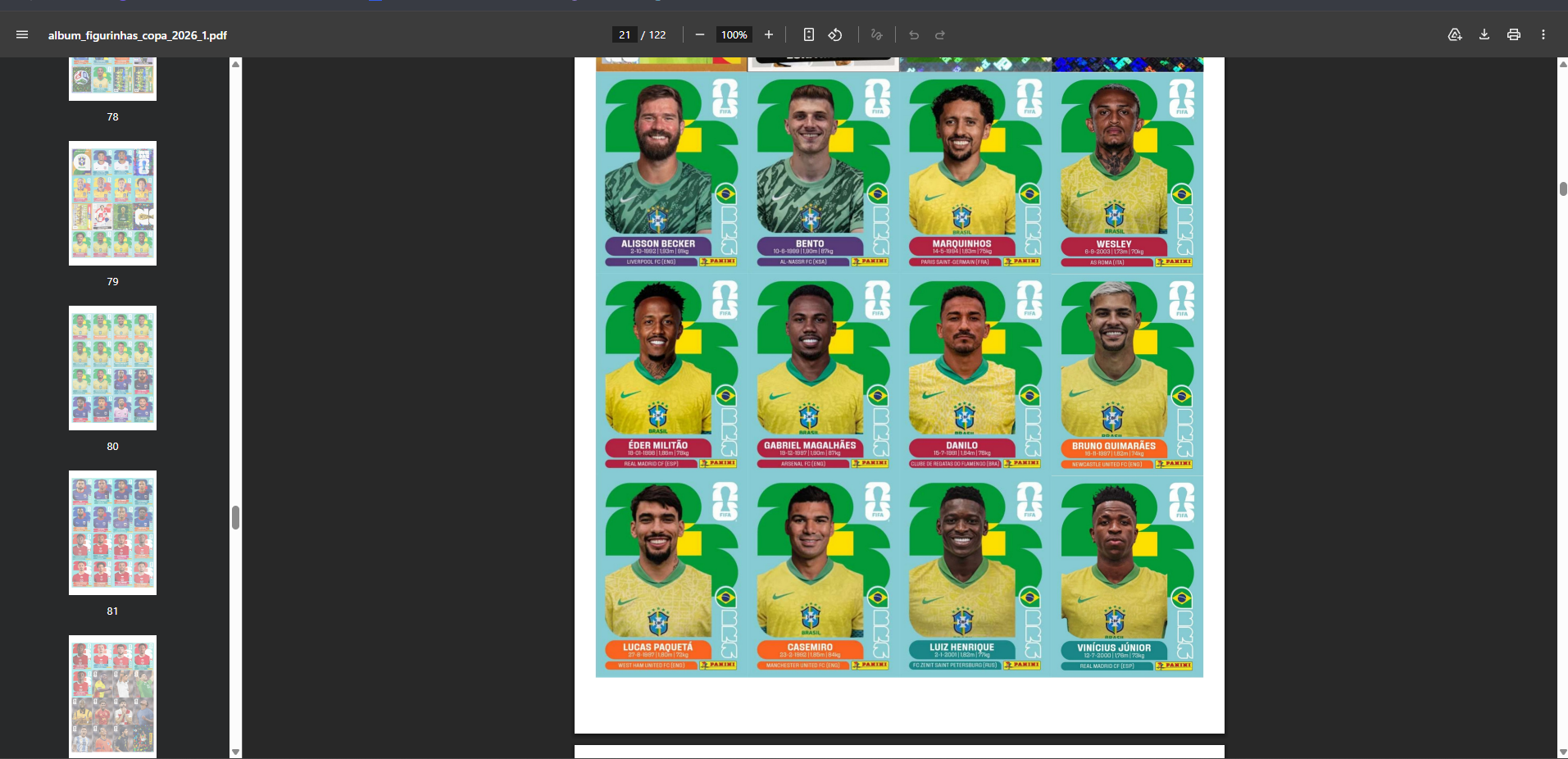 Página do PDF do álbum Copa 2026 com a seleção brasileira
